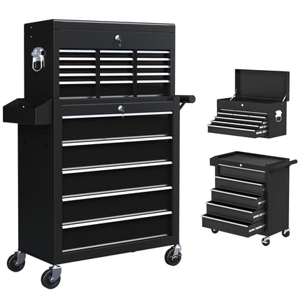 19 Drawer Two-Part Lockable Tool Storage Chest with Wheels - Black