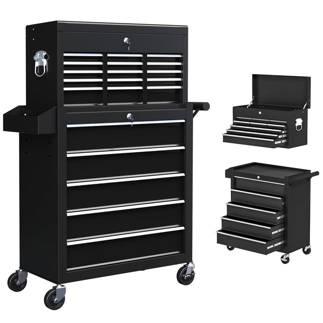 19 Drawer Two-Part Lockable Tool Storage Chest with Wheels - Black