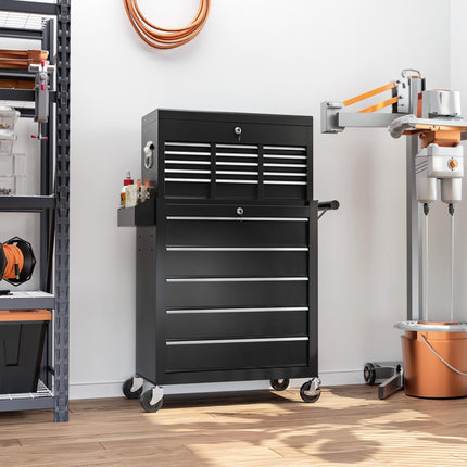 19 Drawer Two-Part Lockable Tool Storage Chest with Wheels - Black