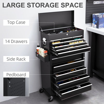 19 Drawer Two-Part Lockable Tool Storage Chest with Wheels - Black