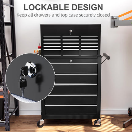 19 Drawer Two-Part Lockable Tool Storage Chest with Wheels - Black