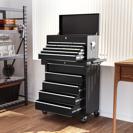 19 Drawer Two-Part Lockable Tool Storage Chest with Wheels - Black