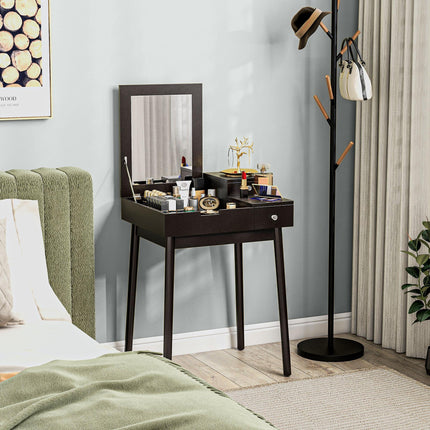 Dressing Table with Flip-up Mirror, Makeup Desk with 2 Drawers and Pine Wood Legs, Vanity Table Writing Desk for Bedroom Living Room, Black