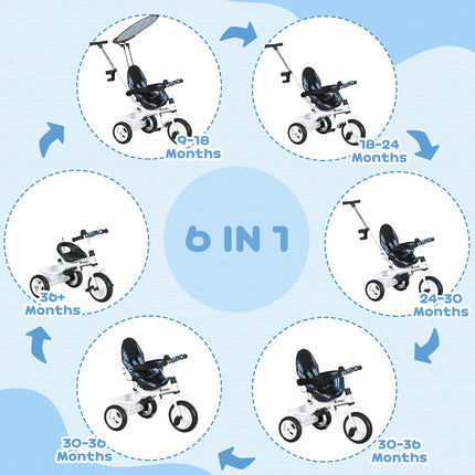 6 in 1 Kids Tricycle with 5-Point Harness and Removable Canopy - Blue