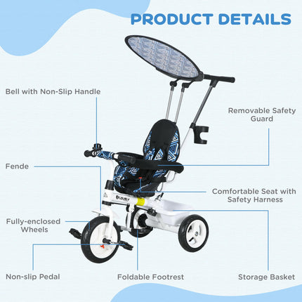 6 in 1 Kids Tricycle with 5-Point Harness and Removable Canopy - Blue