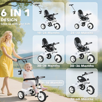 6 in 1 Kids Tricycle with 5-Point Harness & Removable Canopy - White