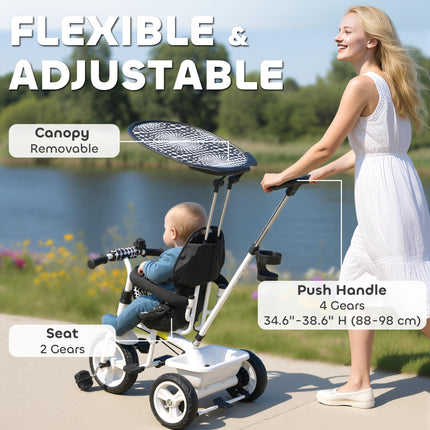 6 in 1 Kids Tricycle with 5-Point Harness & Removable Canopy - White