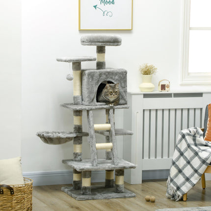 132cm Multi-Tier Cat Tree with Scratching Post, House & Hammock - Grey