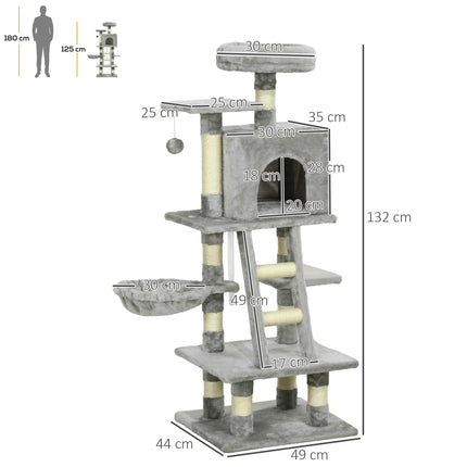 132cm Multi-Tier Cat Tree with Scratching Post, House & Hammock - Grey