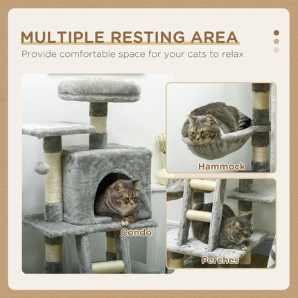 132cm Multi-Tier Cat Tree with Scratching Post, House & Hammock - Grey