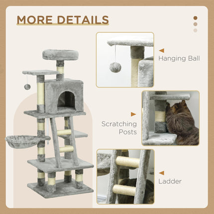 132cm Multi-Tier Cat Tree with Scratching Post, House & Hammock - Grey