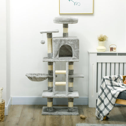 132cm Multi-Tier Cat Tree with Scratching Post, House & Hammock - Grey