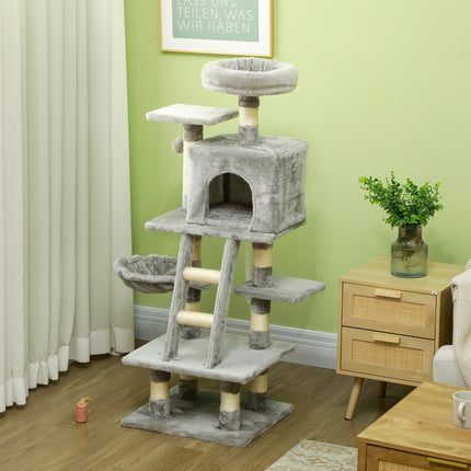 132cm Multi-Tier Cat Tree with Scratching Post, House & Hammock - Grey