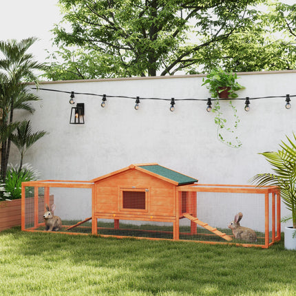 Wooden Rabbit Hutch with Run, Tray, Ramps & Asphalt Roof 309x70x87cm - Orange