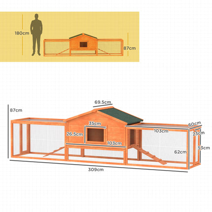 Wooden Rabbit Hutch with Run, Tray, Ramps & Asphalt Roof 309x70x87cm - Orange