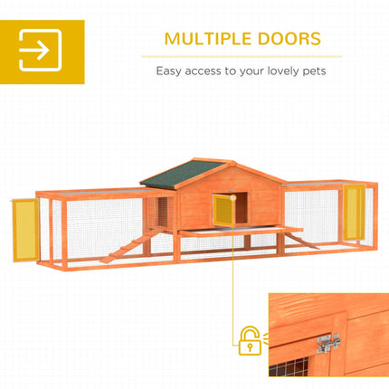 Wooden Rabbit Hutch with Run, Tray, Ramps & Asphalt Roof 309x70x87cm - Orange