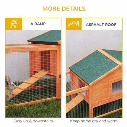 Wooden Rabbit Hutch with Run, Tray, Ramps & Asphalt Roof 309x70x87cm - Orange