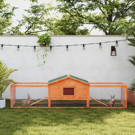 Wooden Rabbit Hutch with Run, Tray, Ramps & Asphalt Roof 309x70x87cm - Orange