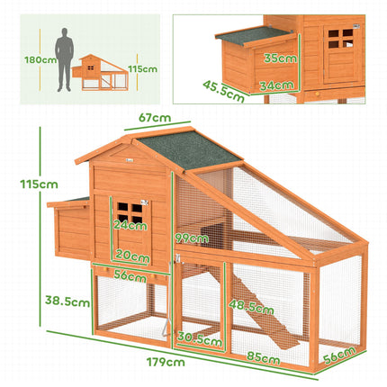 Wooden Chicken Coop with Run, Nesting Box, Slide-out Tray, Ramp & Perches 179x67x115cm - Orange