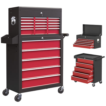 14 Drawer Two-Part Rolling Tool Storage Chest with Lockable Drawers - Red