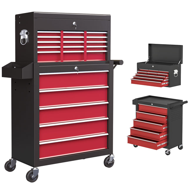 14 Drawer Two-Part Rolling Tool Storage Chest with Lockable Drawers - Red