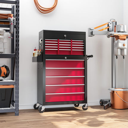 14 Drawer Two-Part Rolling Tool Storage Chest with Lockable Drawers - Red