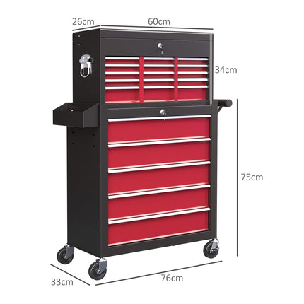 14 Drawer Two-Part Rolling Tool Storage Chest with Lockable Drawers - Red