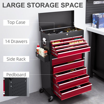 14 Drawer Two-Part Rolling Tool Storage Chest with Lockable Drawers - Red