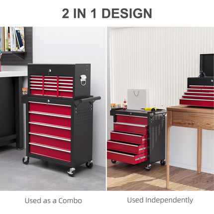 14 Drawer Two-Part Rolling Tool Storage Chest with Lockable Drawers - Red