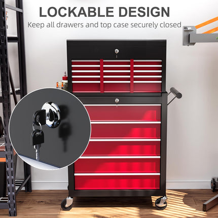 14 Drawer Two-Part Rolling Tool Storage Chest with Lockable Drawers - Red
