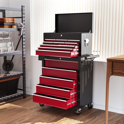 14 Drawer Two-Part Rolling Tool Storage Chest with Lockable Drawers - Red