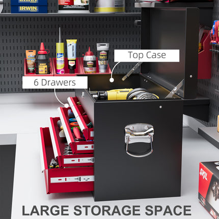 Six Drawer Steel Tool Storage Chest with Lock and Keys - Red