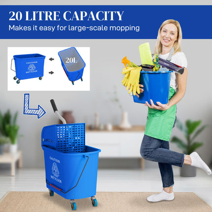 20L Mop Bucket with Wringer and Water Separation Panel on Wheels - Blue