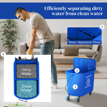 20L Mop Bucket with Wringer and Water Separation Panel on Wheels - Blue