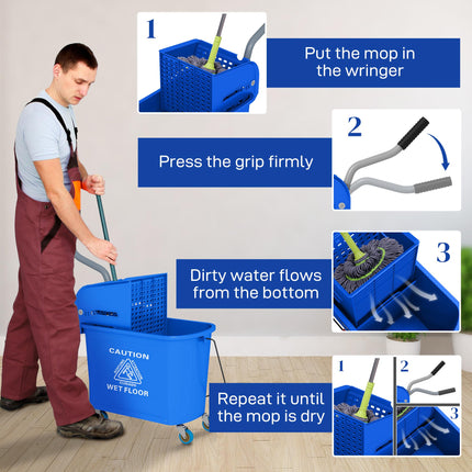20L Mop Bucket with Wringer and Water Separation Panel on Wheels - Blue