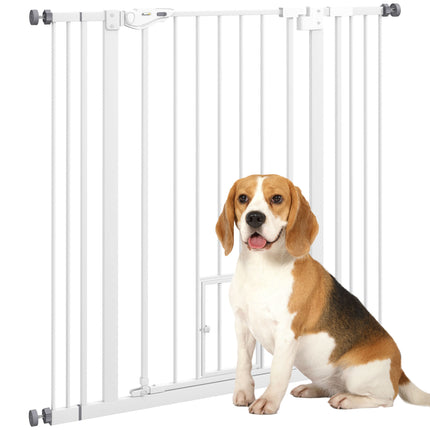 Extra Tall Indoor Pet Safety Gate with Cat Flap, Auto Close, Adjustable 74-101cm Wide - White