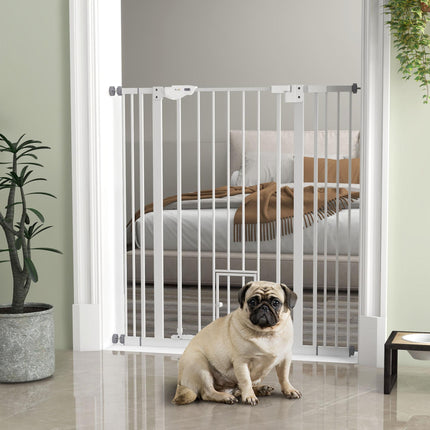 Extra Tall Indoor Pet Safety Gate with Cat Flap, Auto Close, Adjustable 74-101cm Wide - White