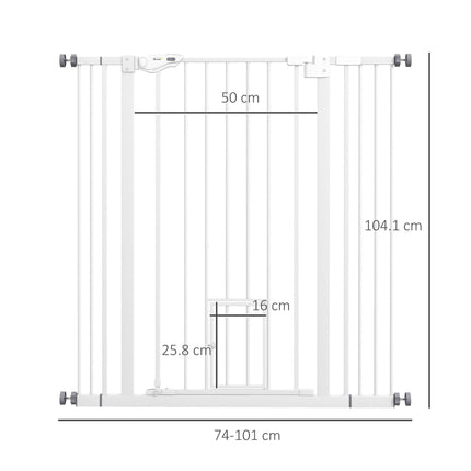 Extra Tall Indoor Pet Safety Gate with Cat Flap, Auto Close, Adjustable 74-101cm Wide - White
