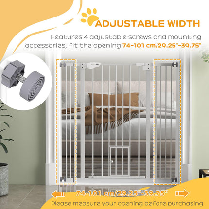 Extra Tall Indoor Pet Safety Gate with Cat Flap, Auto Close, Adjustable 74-101cm Wide - White