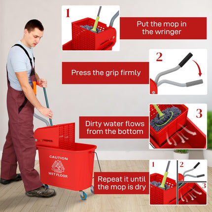 20L Mop Bucket with Water Separation Panel and Wheels - Red
