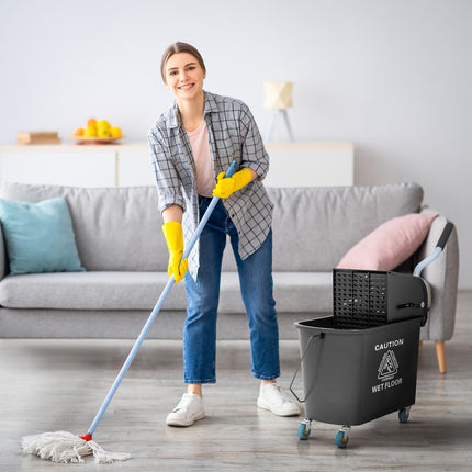 20L Mop Bucket with Wringer and Water Separation Panel on Wheels - Black