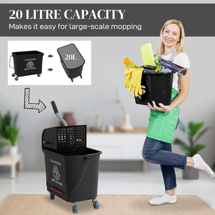 20L Mop Bucket with Wringer and Water Separation Panel on Wheels - Black