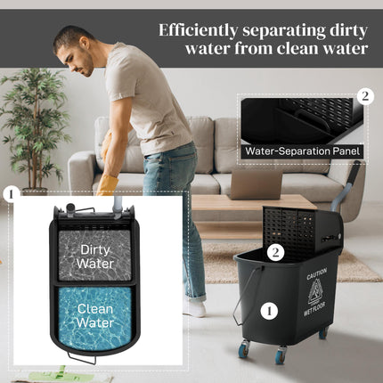 20L Mop Bucket with Wringer and Water Separation Panel on Wheels - Black