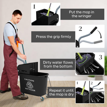 20L Mop Bucket with Wringer and Water Separation Panel on Wheels - Black
