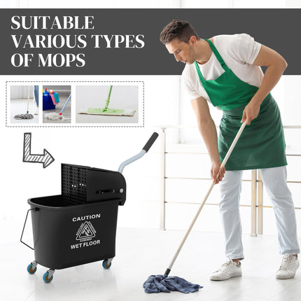 20L Mop Bucket with Wringer and Water Separation Panel on Wheels - Black