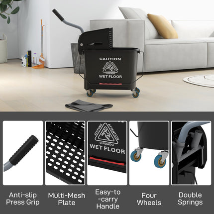 20L Mop Bucket with Wringer and Water Separation Panel on Wheels - Black
