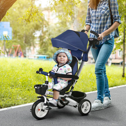 6 in 1 Metal Frame Baby Push Tricycle with Parent Handle for Ages 1-5 - Dark Blue