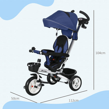 6 in 1 Metal Frame Baby Push Tricycle with Parent Handle for Ages 1-5 - Dark Blue