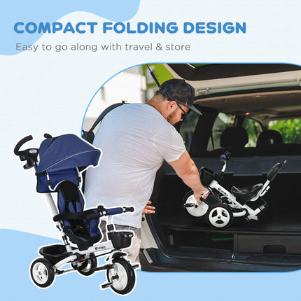 6 in 1 Metal Frame Baby Push Tricycle with Parent Handle for Ages 1-5 - Dark Blue