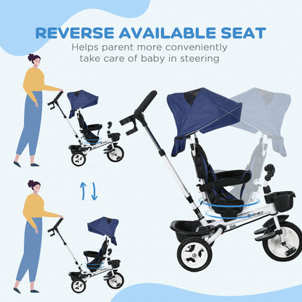 6 in 1 Metal Frame Baby Push Tricycle with Parent Handle for Ages 1-5 - Dark Blue
